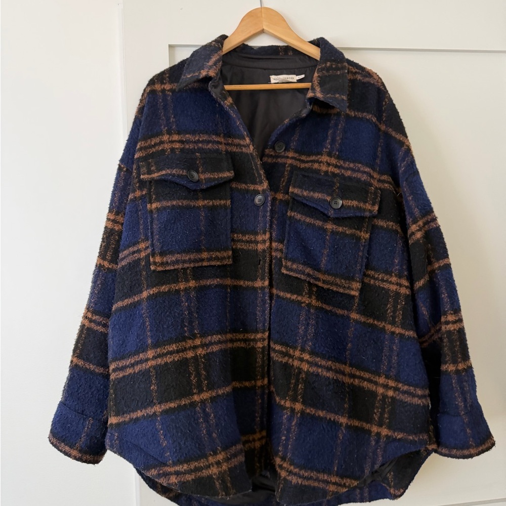 Good American Navy and Brown Plaid Wool Blend Shacket